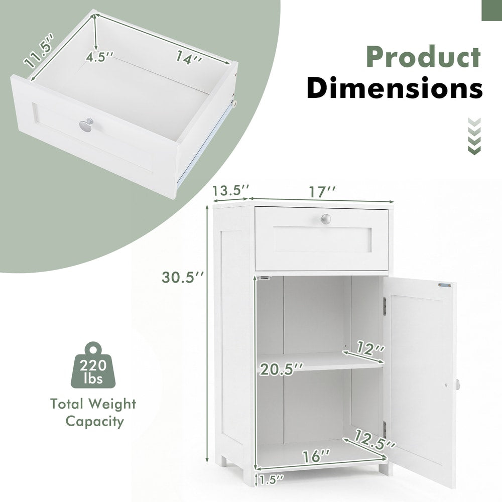 The floor cabinet showing measurements for the unit and the drawer interior