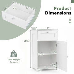 The floor cabinet showing measurements for the unit and the drawer interior
