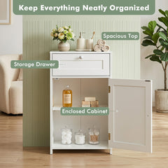 The floor cabinet with labels highlighting the drawer and storage space