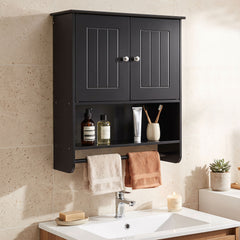 Bathroom Wall Cabinet with 2 Doors Open Shelf and Towel Bar-Black