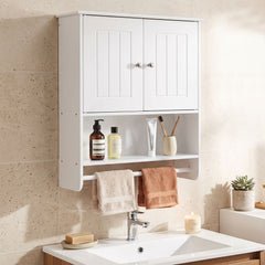 Bathroom Wall Cabinet with 2 Doors Open Shelf and Towel Bar-White