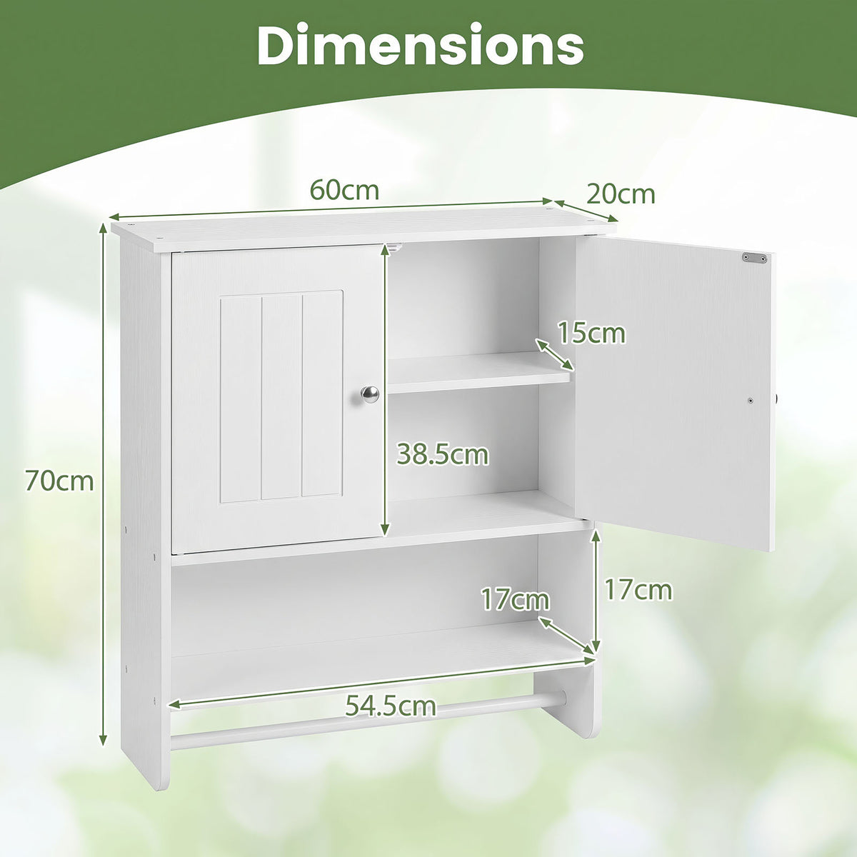 Bathroom Wall Cabinet with 2 Doors Open Shelf and Towel Bar-White