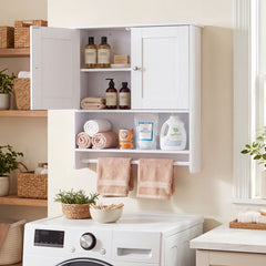Bathroom Wall Cabinet with 2 Doors Open Shelf and Towel Bar-White