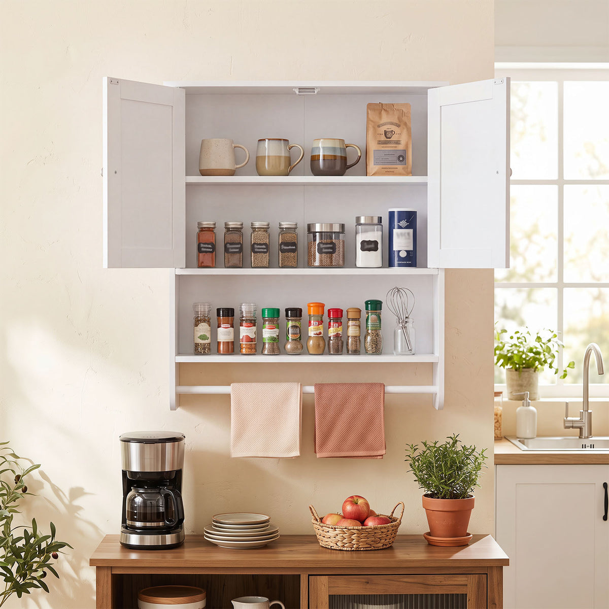 Bathroom Wall Cabinet with 2 Doors Open Shelf and Towel Bar-White