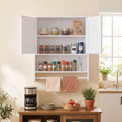 Bathroom Wall Cabinet with 2 Doors Open Shelf and Towel Bar-White