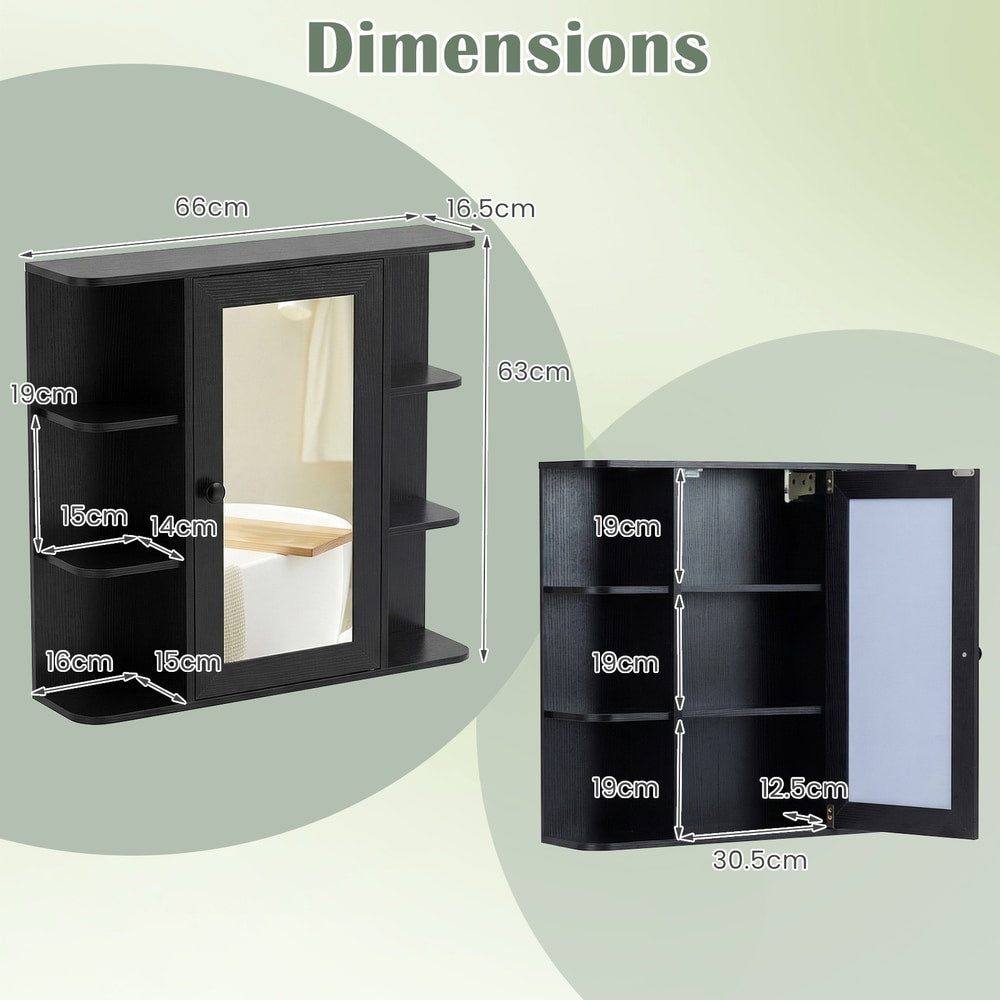 Dimensions of the black wall cabinet with mirror, showing height, width and depth measurements