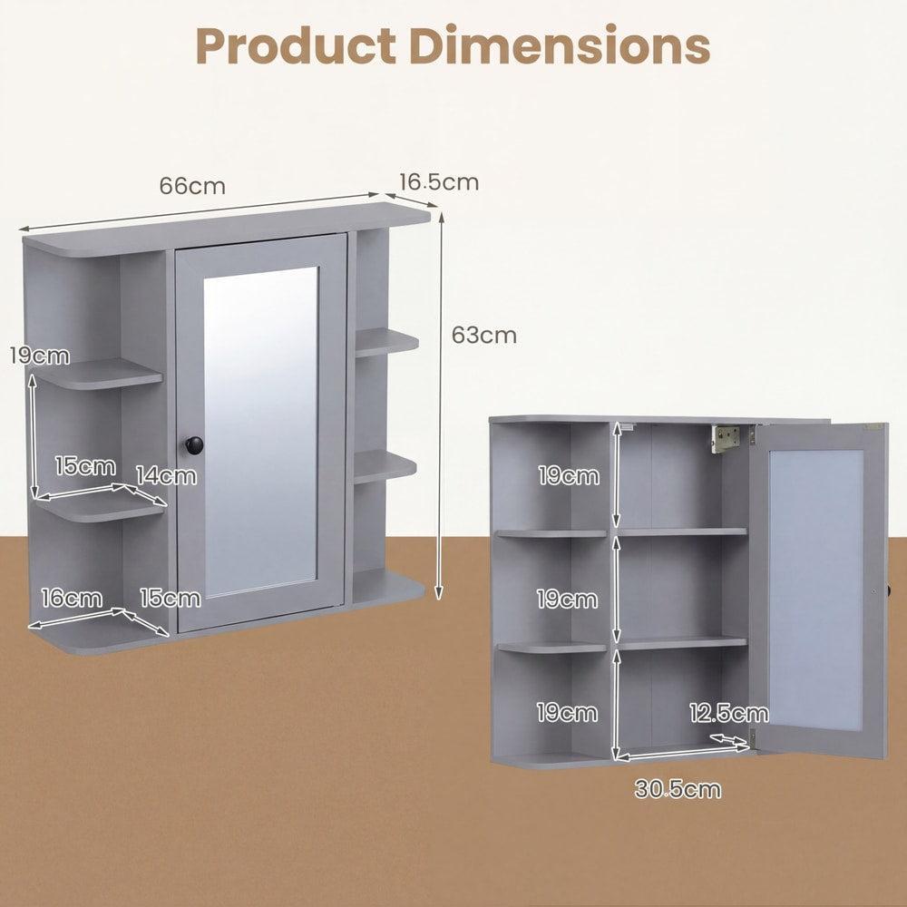 The wall cabinet showing various measurements for the unit and its internal shelves