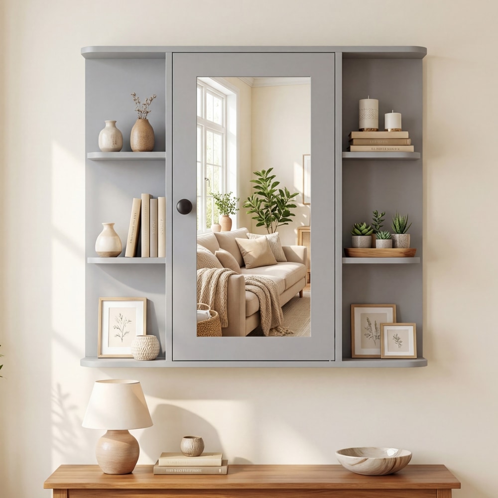 The wall cabinet hanging on a wall above a wooden console table in a living space