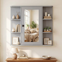 The wall cabinet hanging on a wall above a wooden console table in a living space