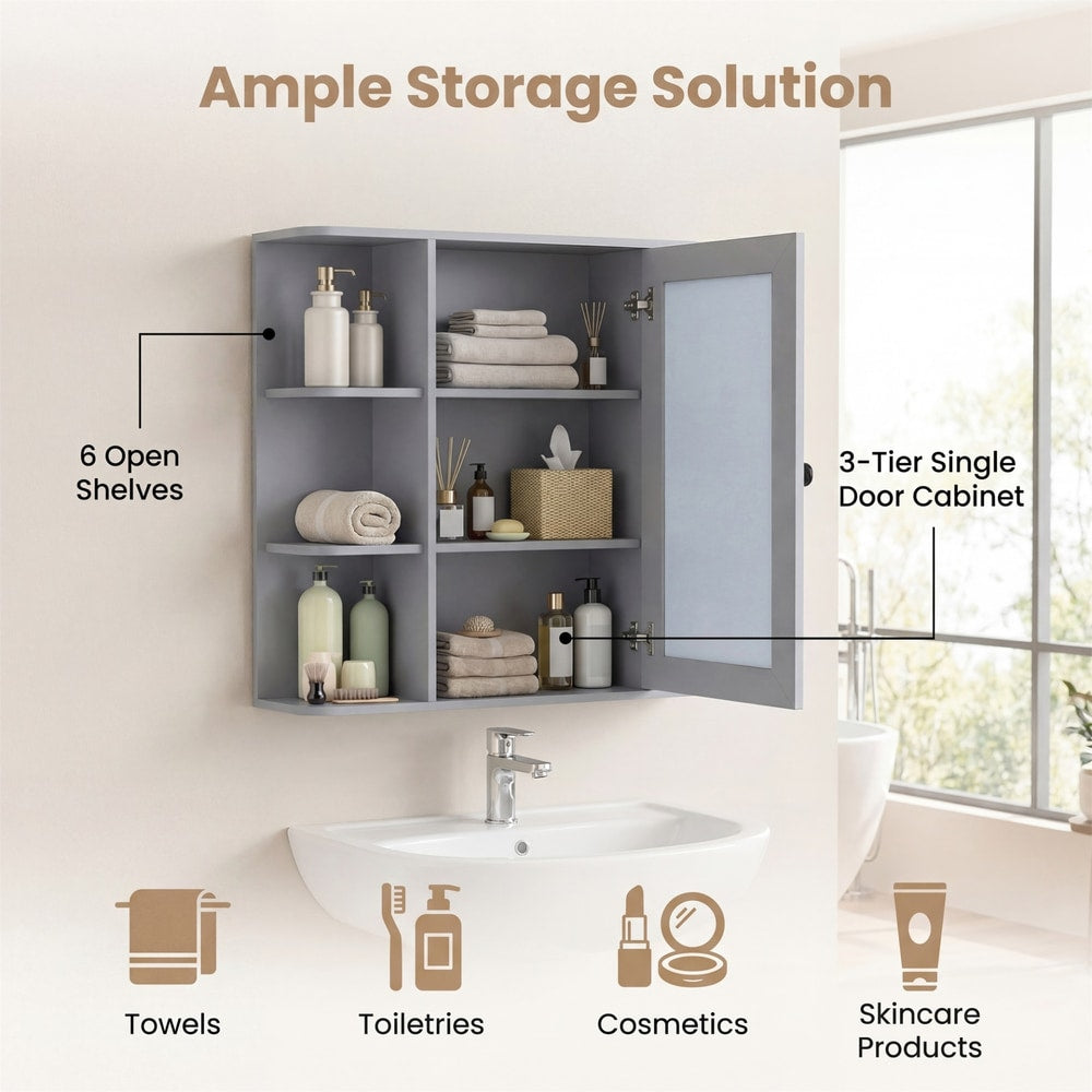 The wall cabinet with labels highlighting the storage capacity and shelf layout