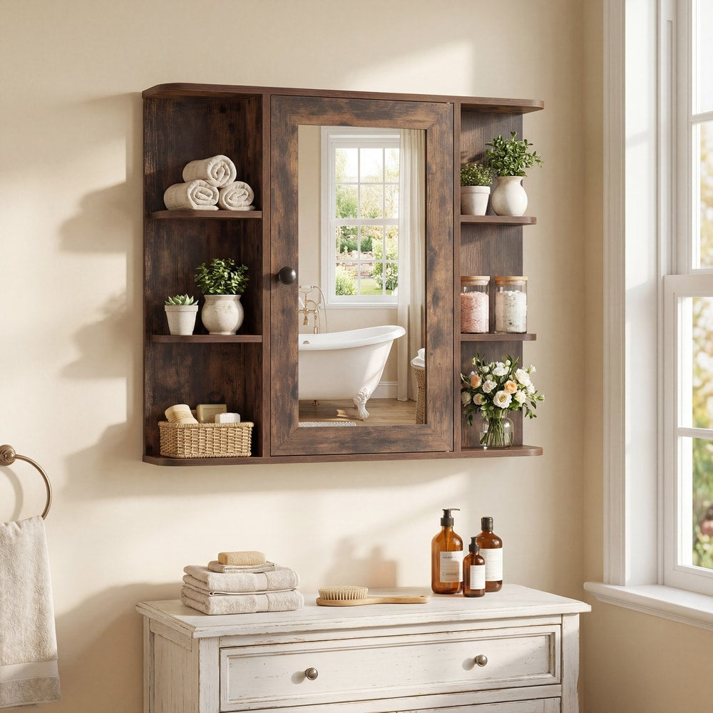 Rustic brown bathroom cabinet with mirror shown in a bathroom setting above a vanity unit