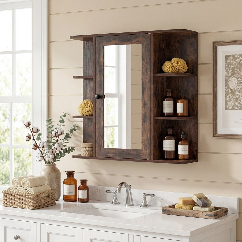 Rustic brown bathroom cabinet with mirror in a bathroom, featuring open shelving and a mirrored door