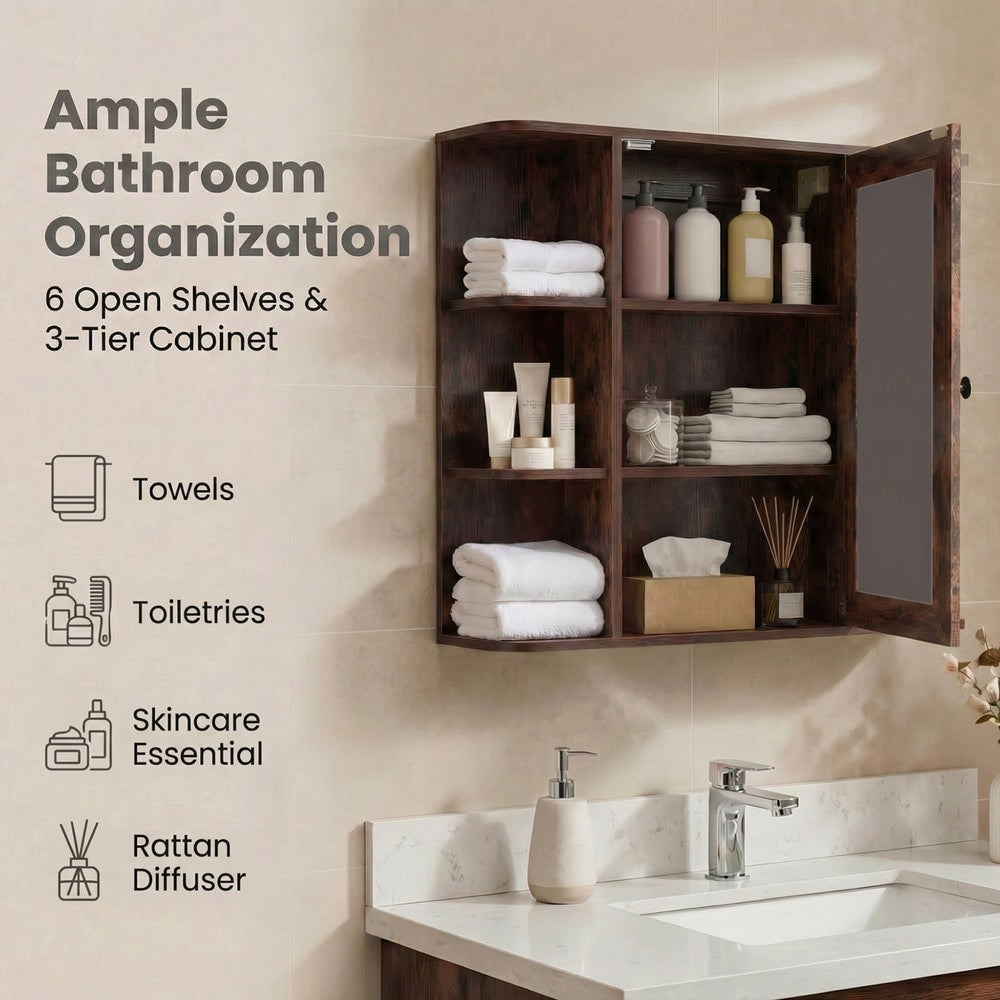 The rustic brown wall cabinet with mirror displaying various toiletries and towels on its shelves