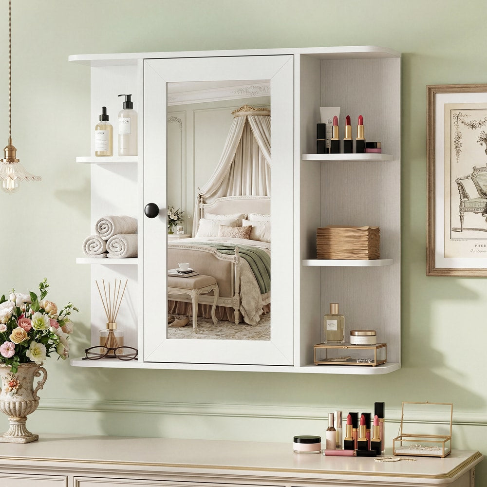White bathroom cabinet with mirror and shelves styled with toiletries and decor