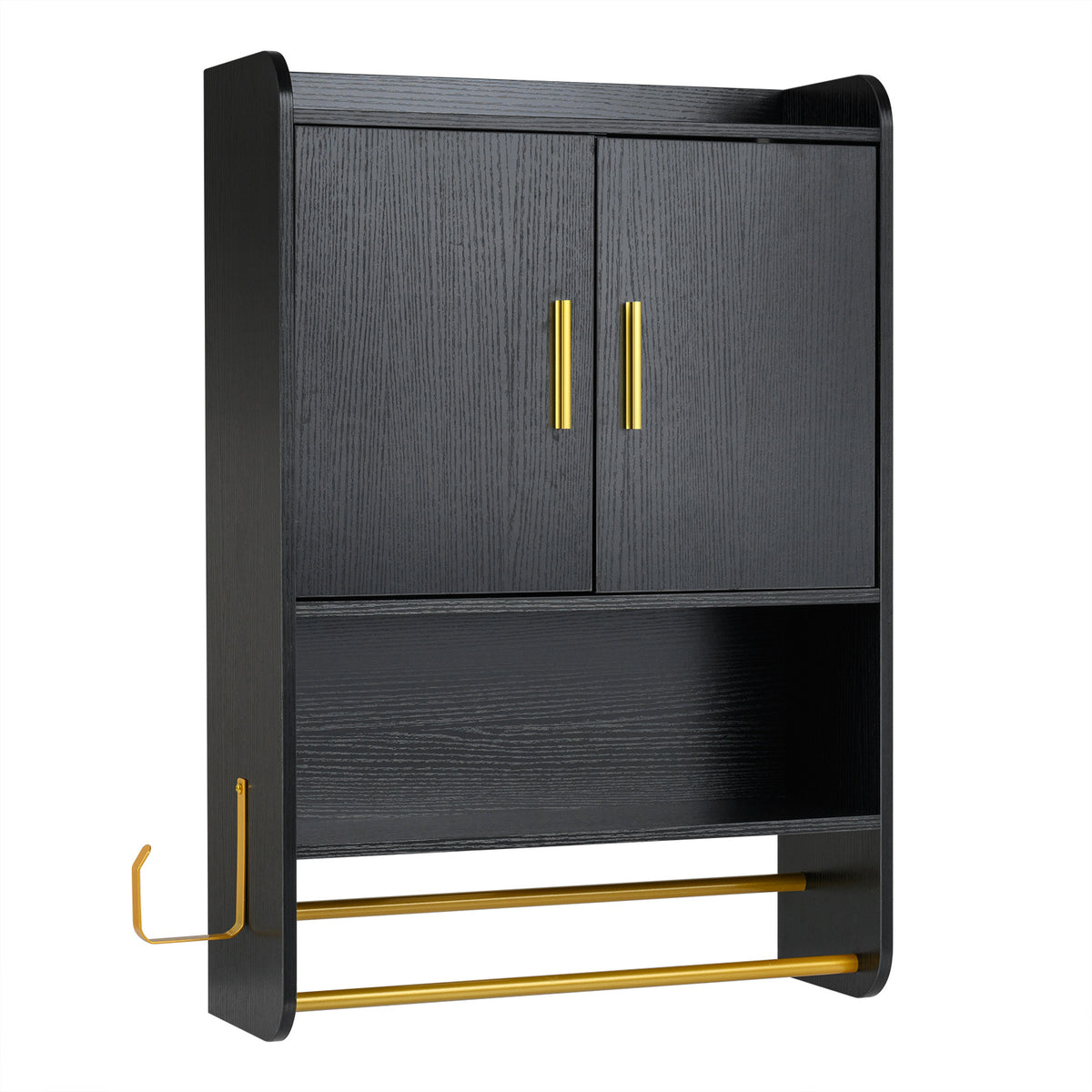 The wall cabinet showing the black wooden frame and gold metal towel rails and holder