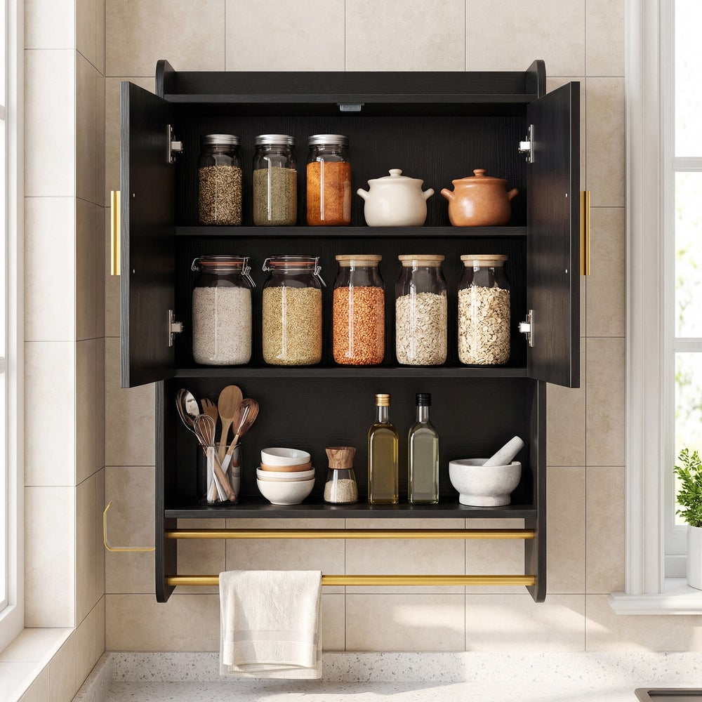 The wall cabinet with both doors open revealing jars and kitchen items on shelves