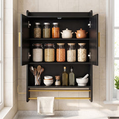 The wall cabinet with both doors open revealing jars and kitchen items on shelves