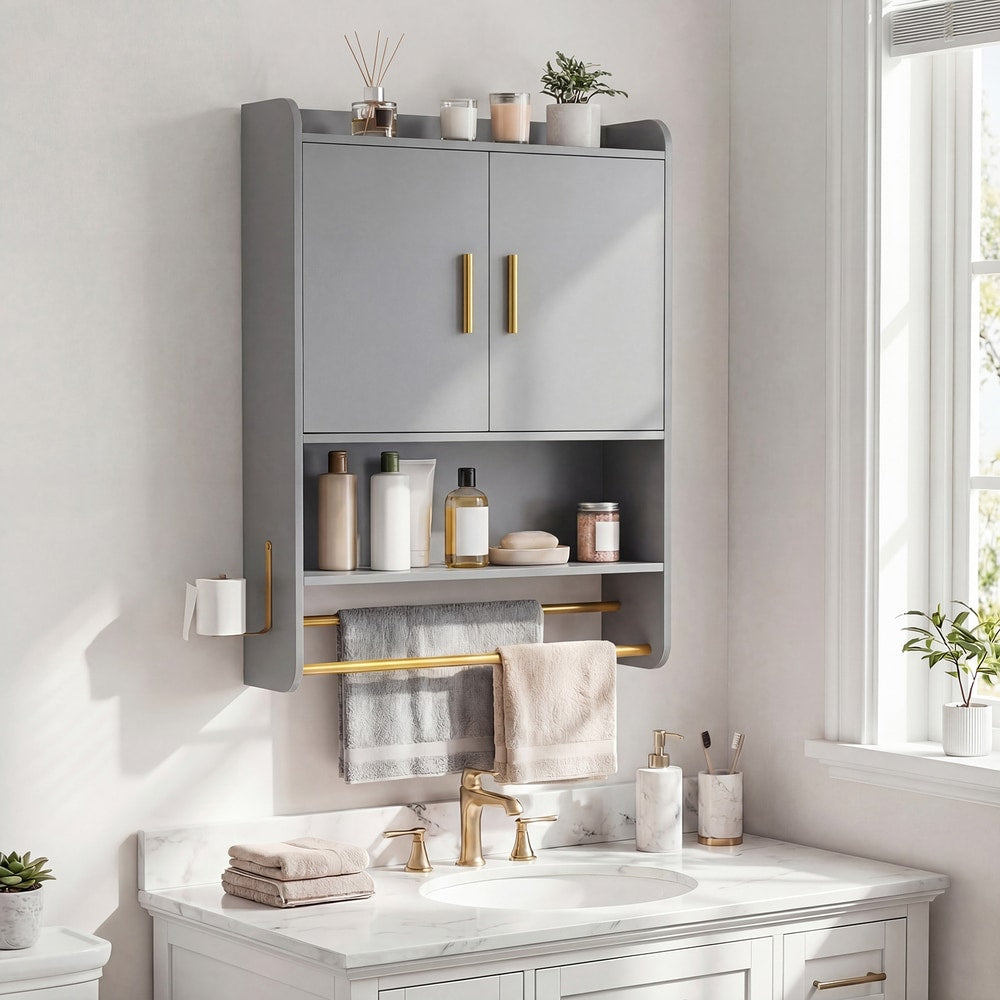 Grey bathroom wall cabinet with open shelves and adjustable shelf shown above a sink