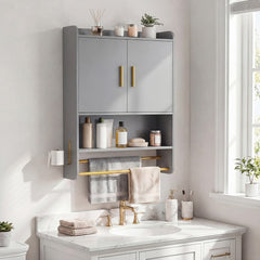 Grey bathroom wall cabinet with open shelves and adjustable shelf shown above a sink