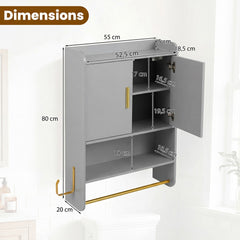 Dimensions diagram of the grey bathroom wall cabinet with open shelves and adjustable shelf