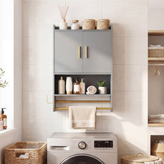 Grey bathroom wall cabinet with open shelves and adjustable shelf above a washing machine