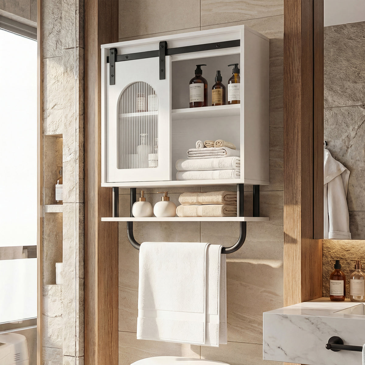 Bathroom Wall Cabinet with Sliding Barn Door and Metal Hanging Bar-White