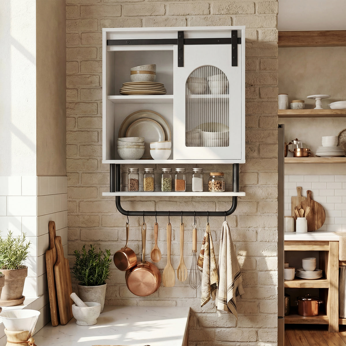 Bathroom Wall Cabinet with Sliding Barn Door and Metal Hanging Bar-White
