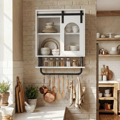 Bathroom Wall Cabinet with Sliding Barn Door and Metal Hanging Bar-White