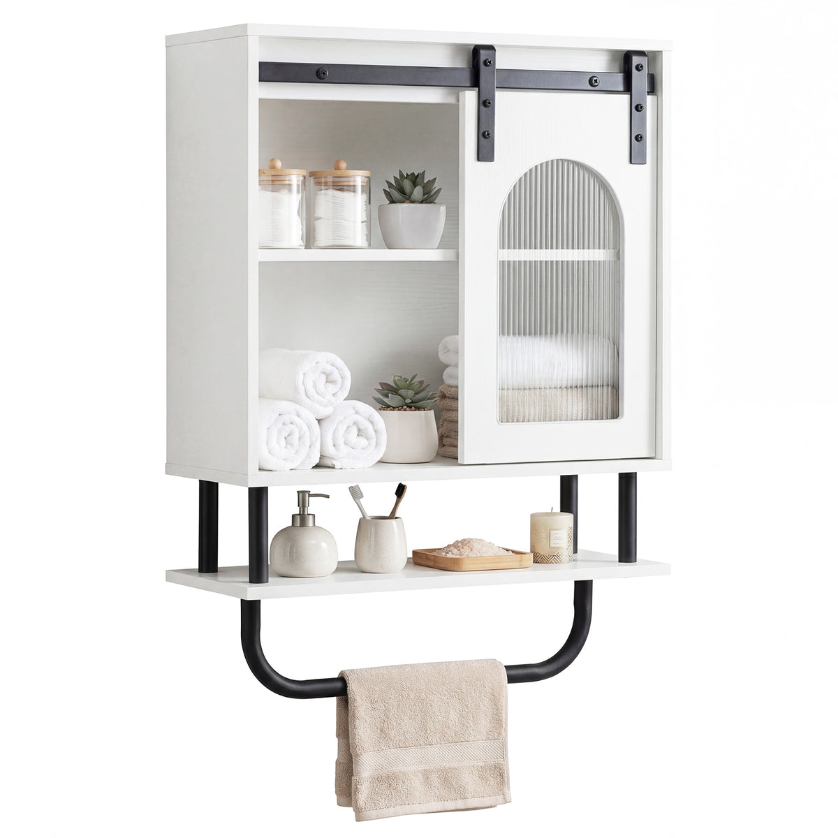 Bathroom Wall Cabinet with Sliding Barn Door and Metal Hanging Bar-White