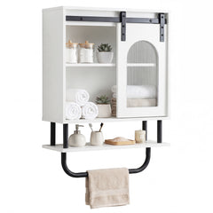 Bathroom Wall Cabinet with Sliding Barn Door and Metal Hanging Bar-White