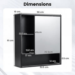 Bathroom Wall Mirror Cabinet with Single Door and 3 Open Shelves-Black
