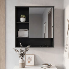 Bathroom Wall Mirror Cabinet with Single Door and 3 Open Shelves-Black