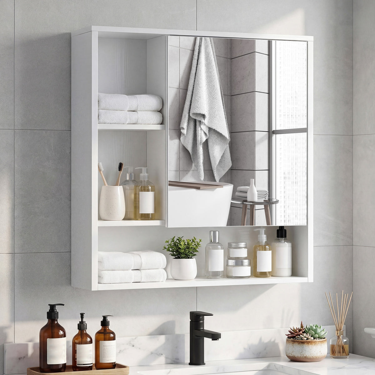 Bathroom Wall Mirror Cabinet with Single Door and 3 Open Shelves-White