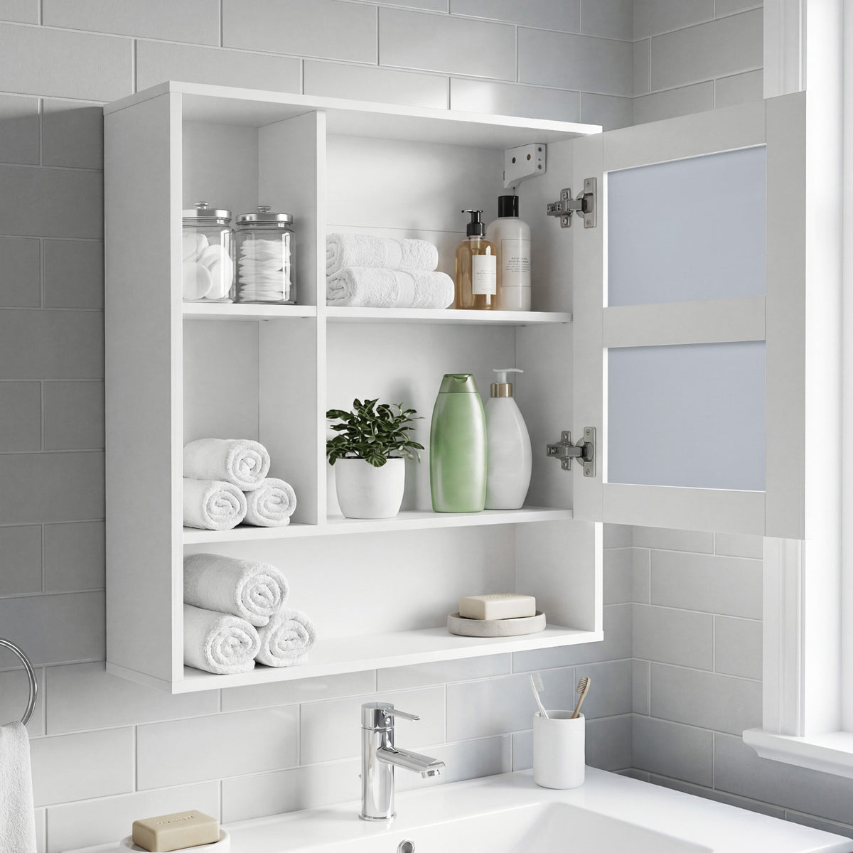 Bathroom Wall Mirror Cabinet with Single Door and 3 Open Shelves-White