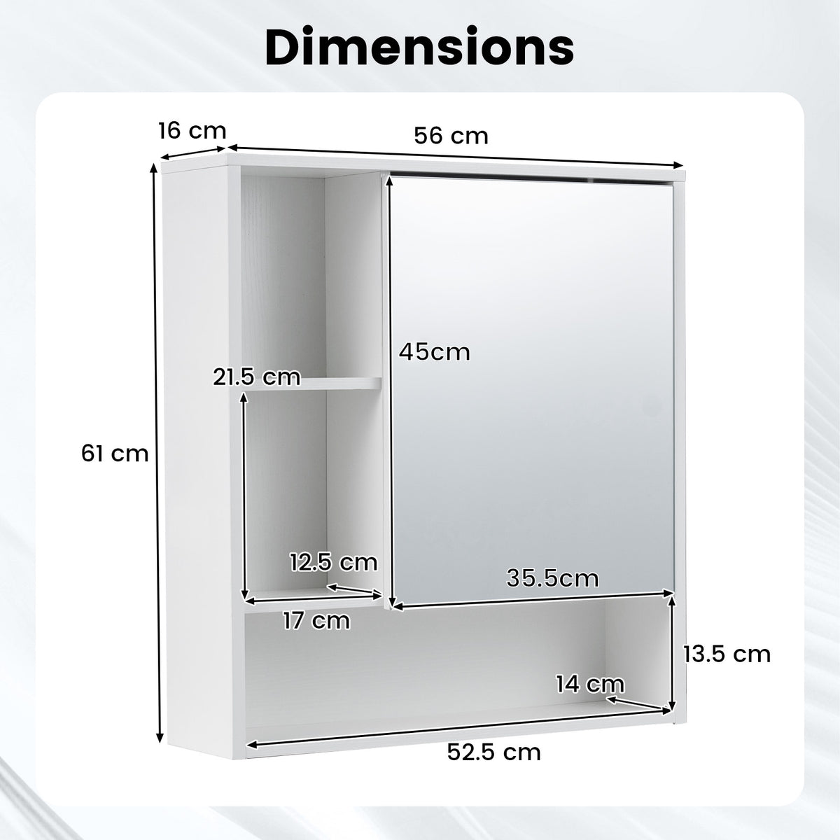 Bathroom Wall Mirror Cabinet with Single Door and 3 Open Shelves-White