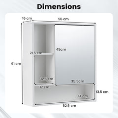 Bathroom Wall Mirror Cabinet with Single Door and 3 Open Shelves-White