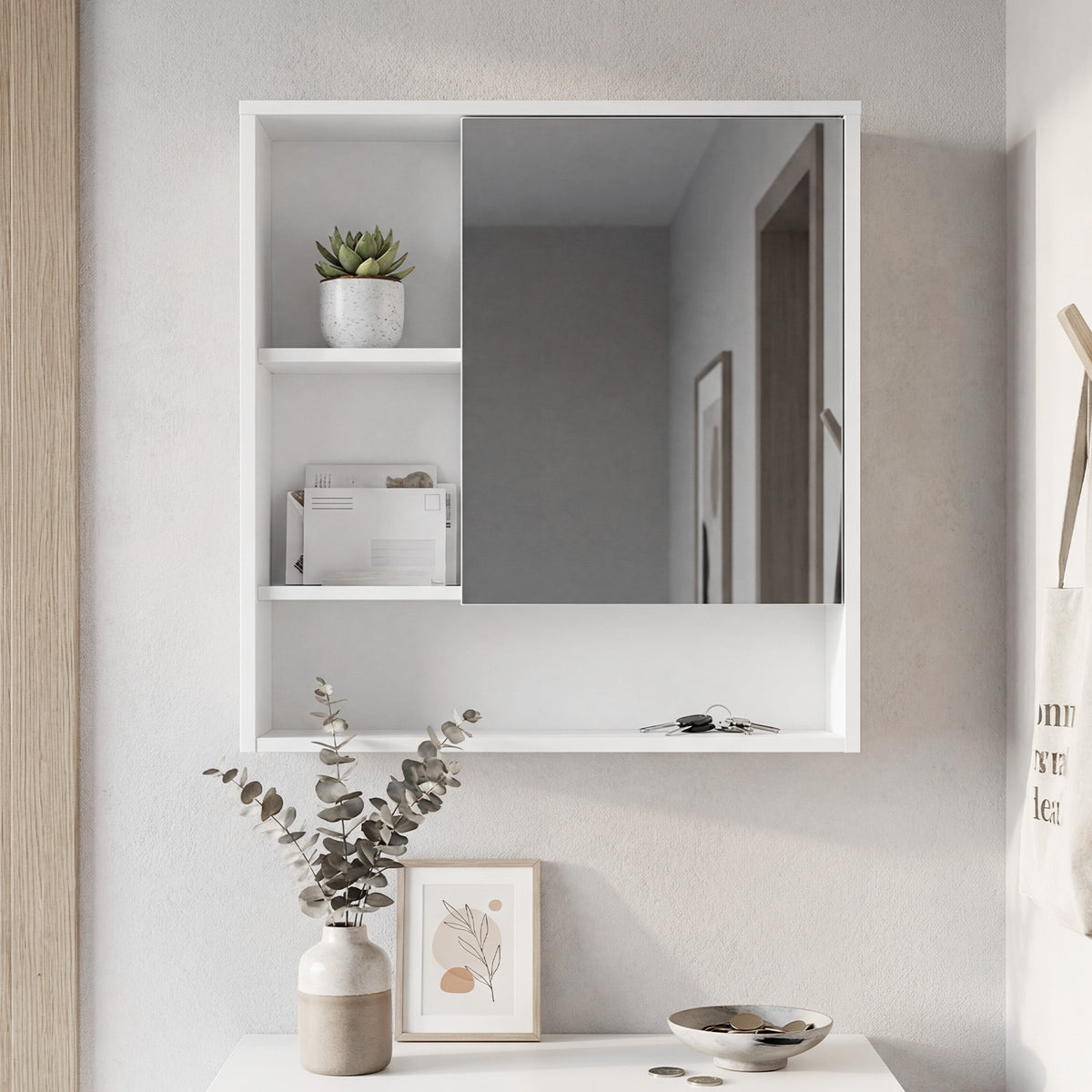 Bathroom Wall Mirror Cabinet with Single Door and 3 Open Shelves-White