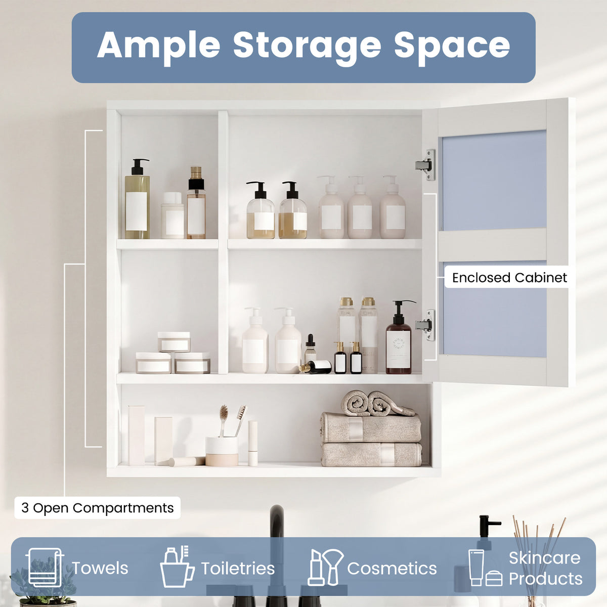 Bathroom Wall Mirror Cabinet with Single Door and 3 Open Shelves-White