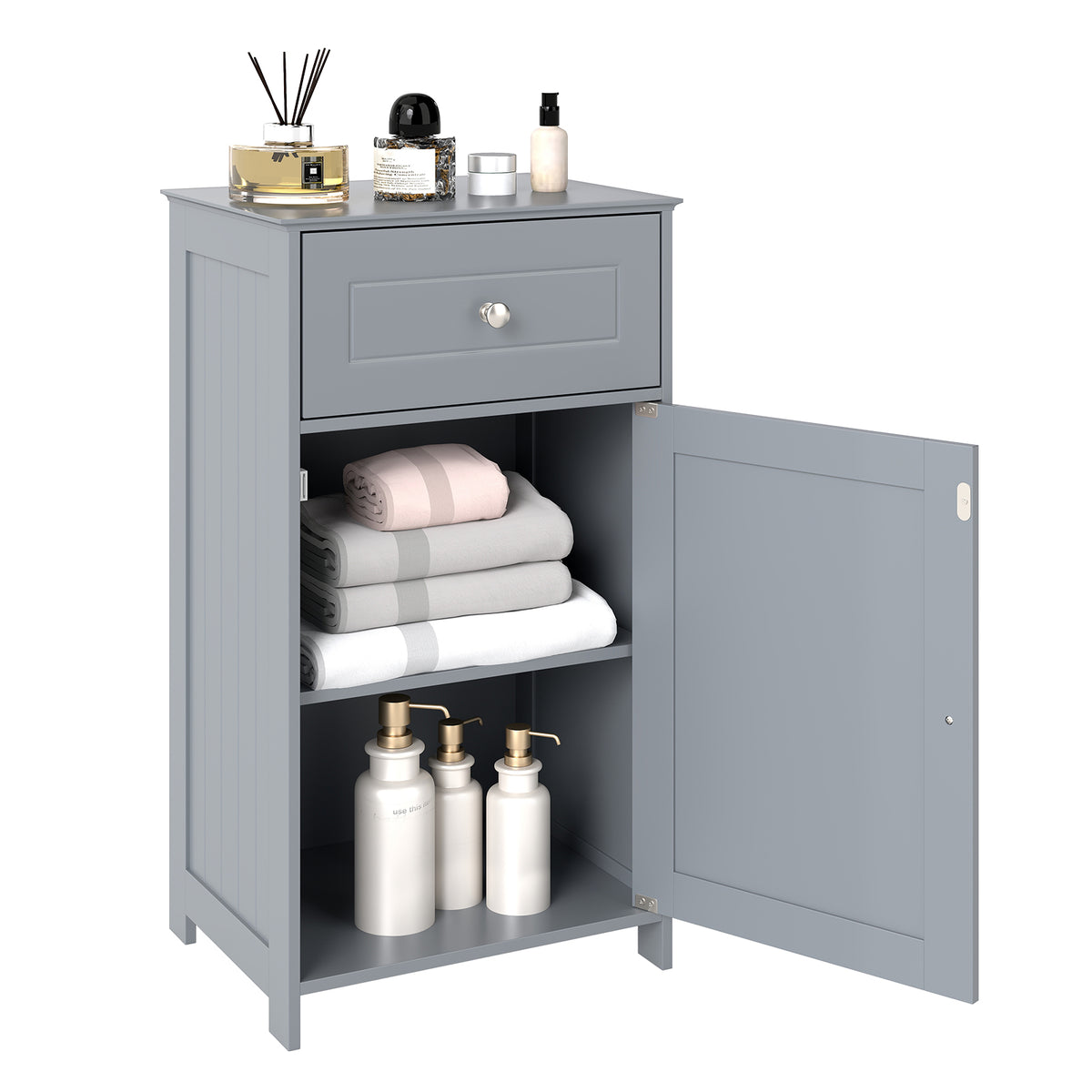 The floor cabinet shown from a side angle with the door open and items stored inside