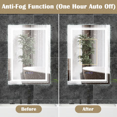 The anti-fog function of the bathroom vanity mirror demonstrated with water droplets on the glass