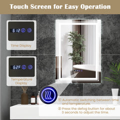 Close up of the touch screen controls for the bathroom vanity mirror showing time and temperature
