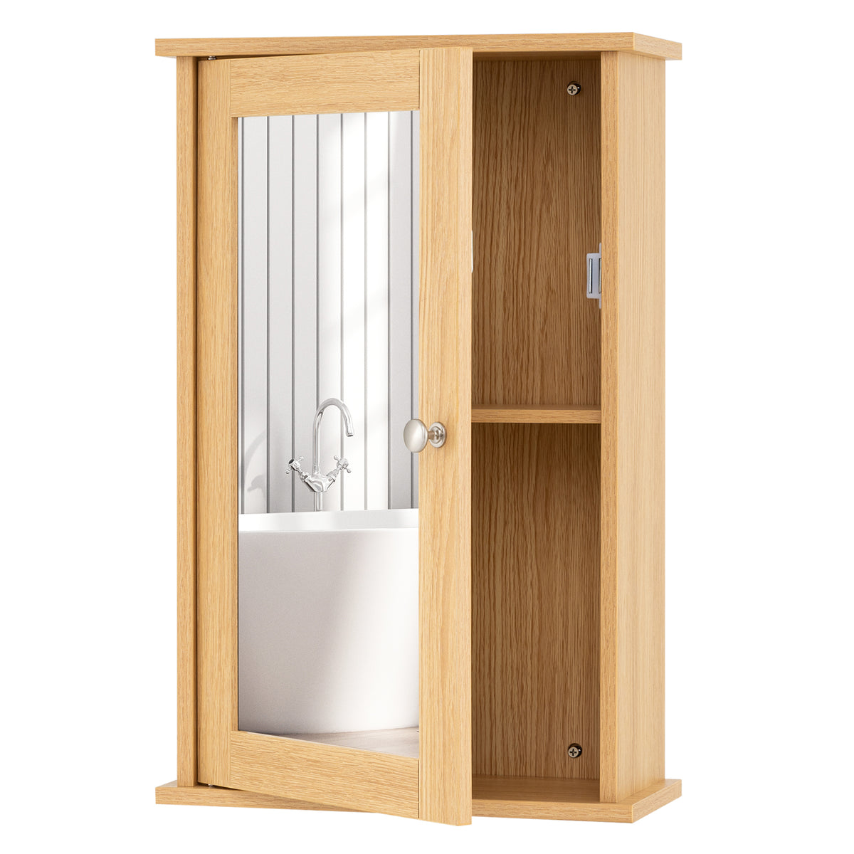 The wooden medicine cabinet with its door open showing the interior shelf