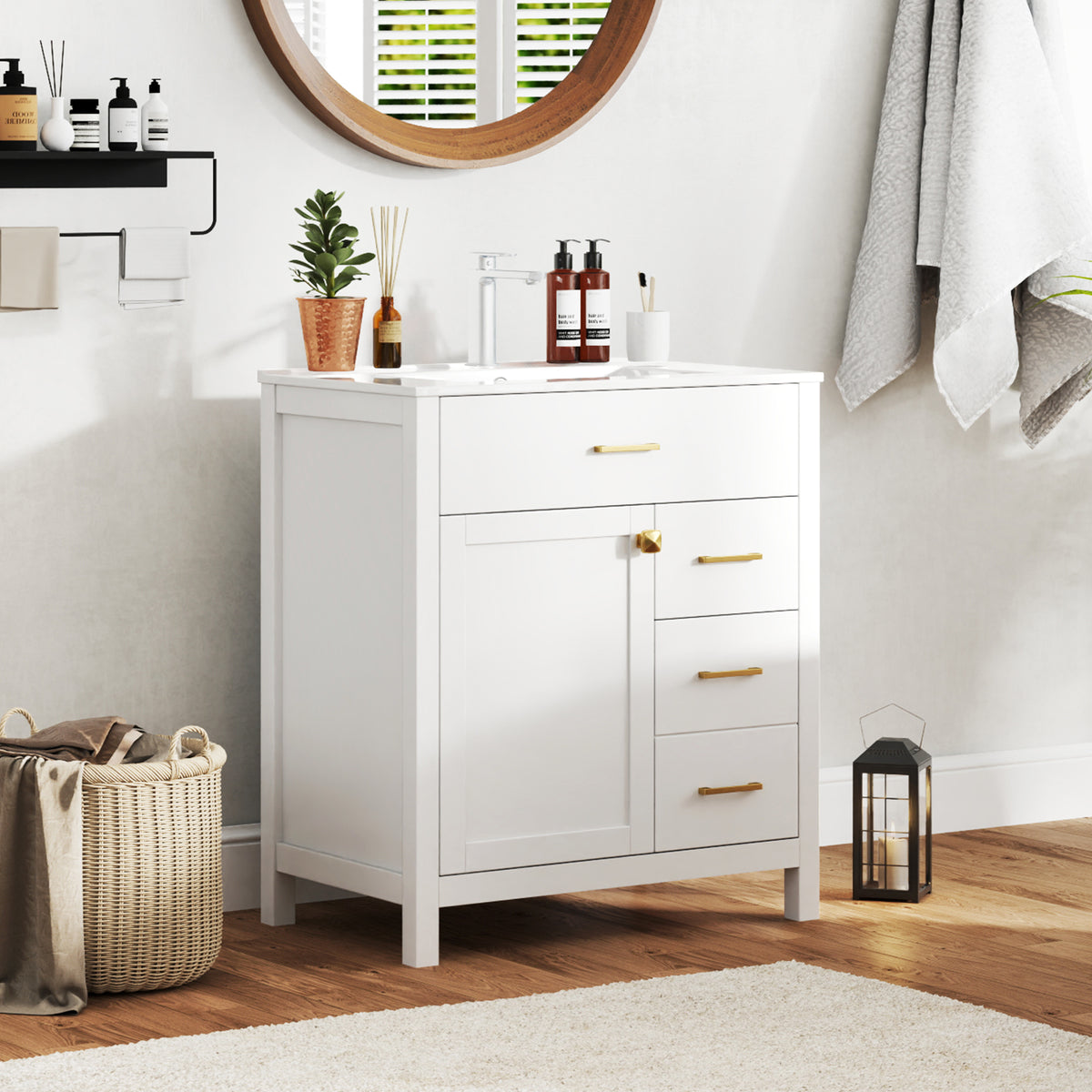 Bathroom Vanity with Sink and 2 Drawers and 1 Cabinet-White