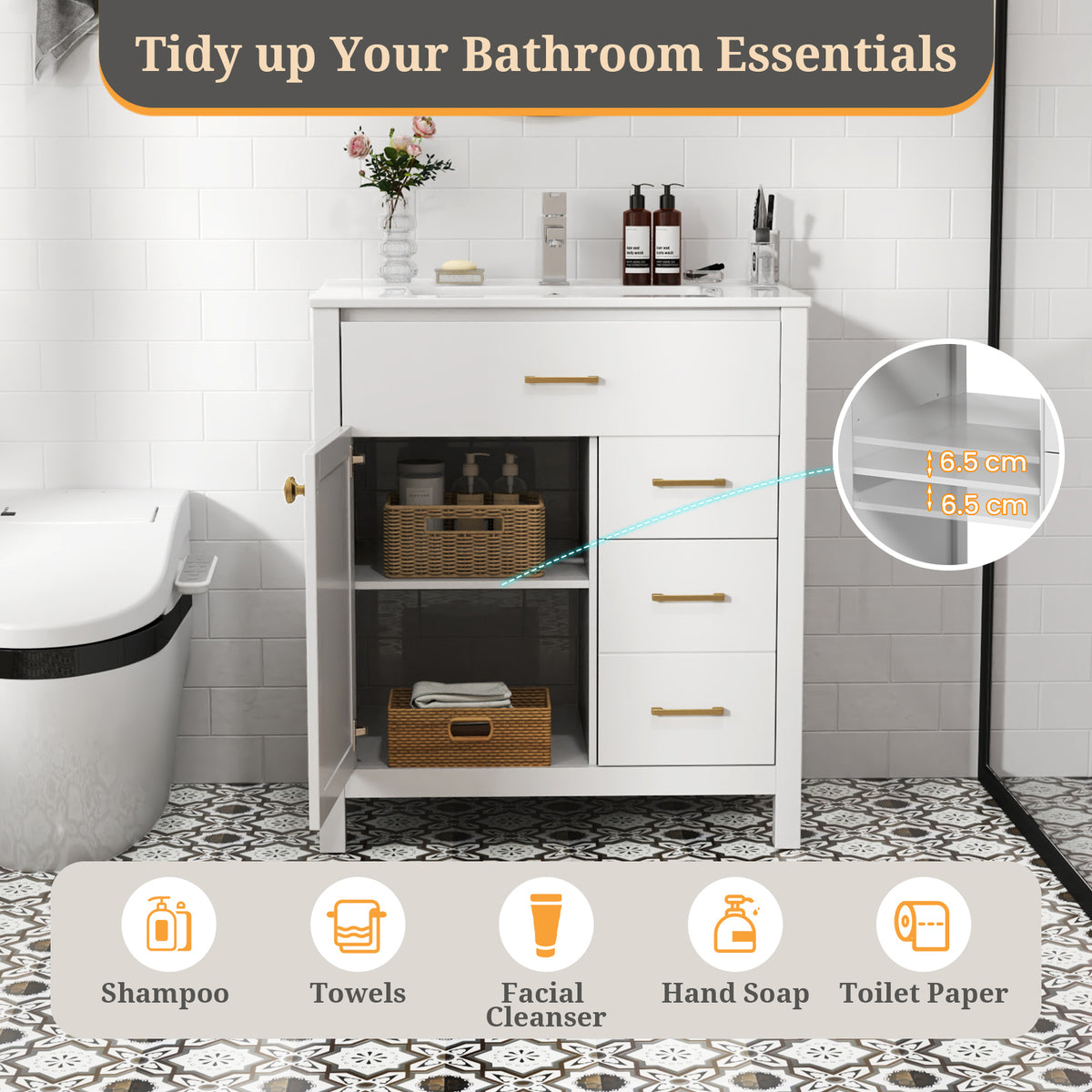 Bathroom Vanity with Sink and 2 Drawers and 1 Cabinet-White