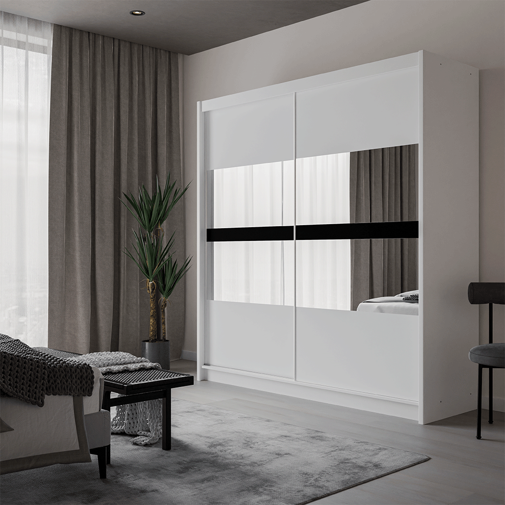 White Mirrored Sliding Door Wardrobe 203cm – DERBY