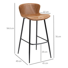 HOMCOM Bar Stools Set of 2, PU Leather Upholstered Bar Chairs, Breakfast Kitchen Counter Chairs with Backs, Steel Legs and Footrests for Dining Room, Brown
