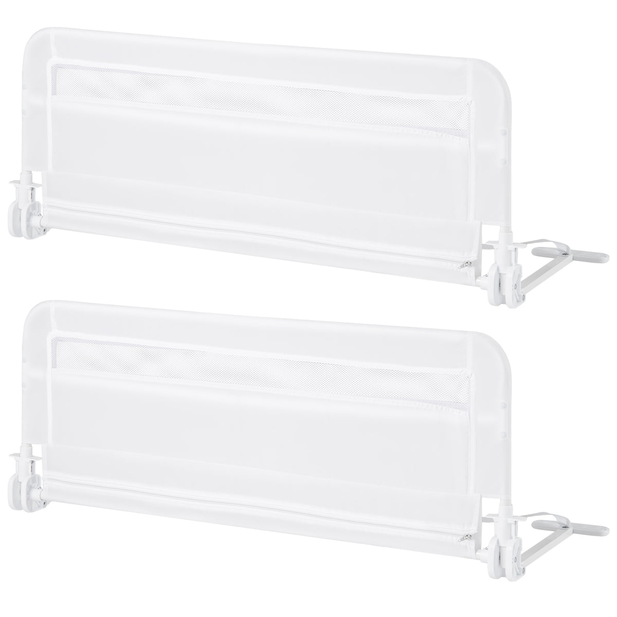 Two white bed rails displayed side by side against a plain white background