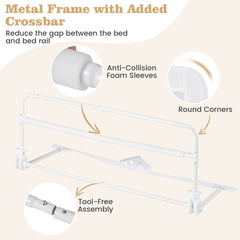 The bed rail metal frame with close-up details of the foam sleeves and round corners
