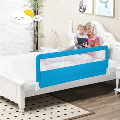The blue bed rail guard is fitted to a child's bed with a woman and child sitting on it