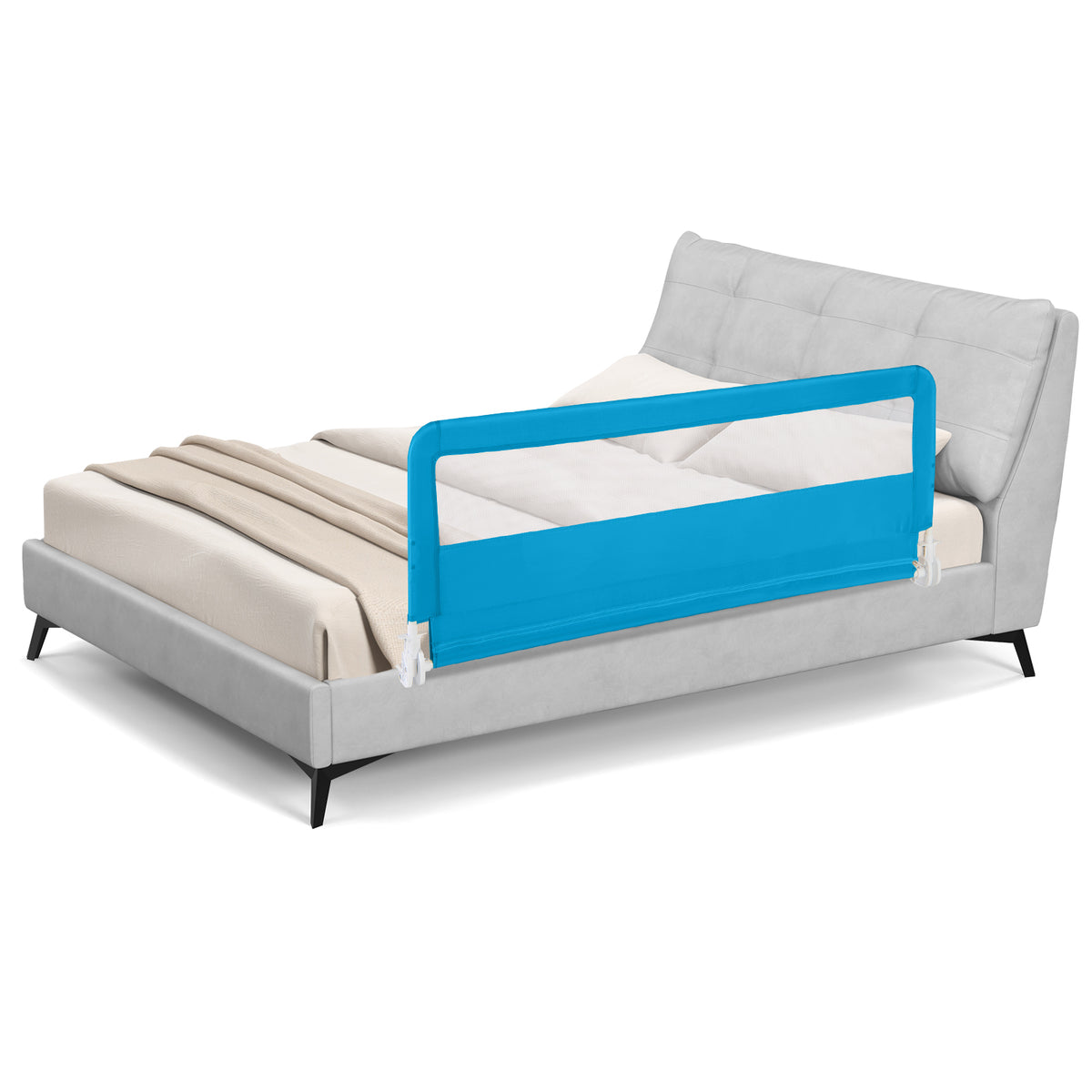 The blue bed rail guard is fitted to a double bed with a grey headboard